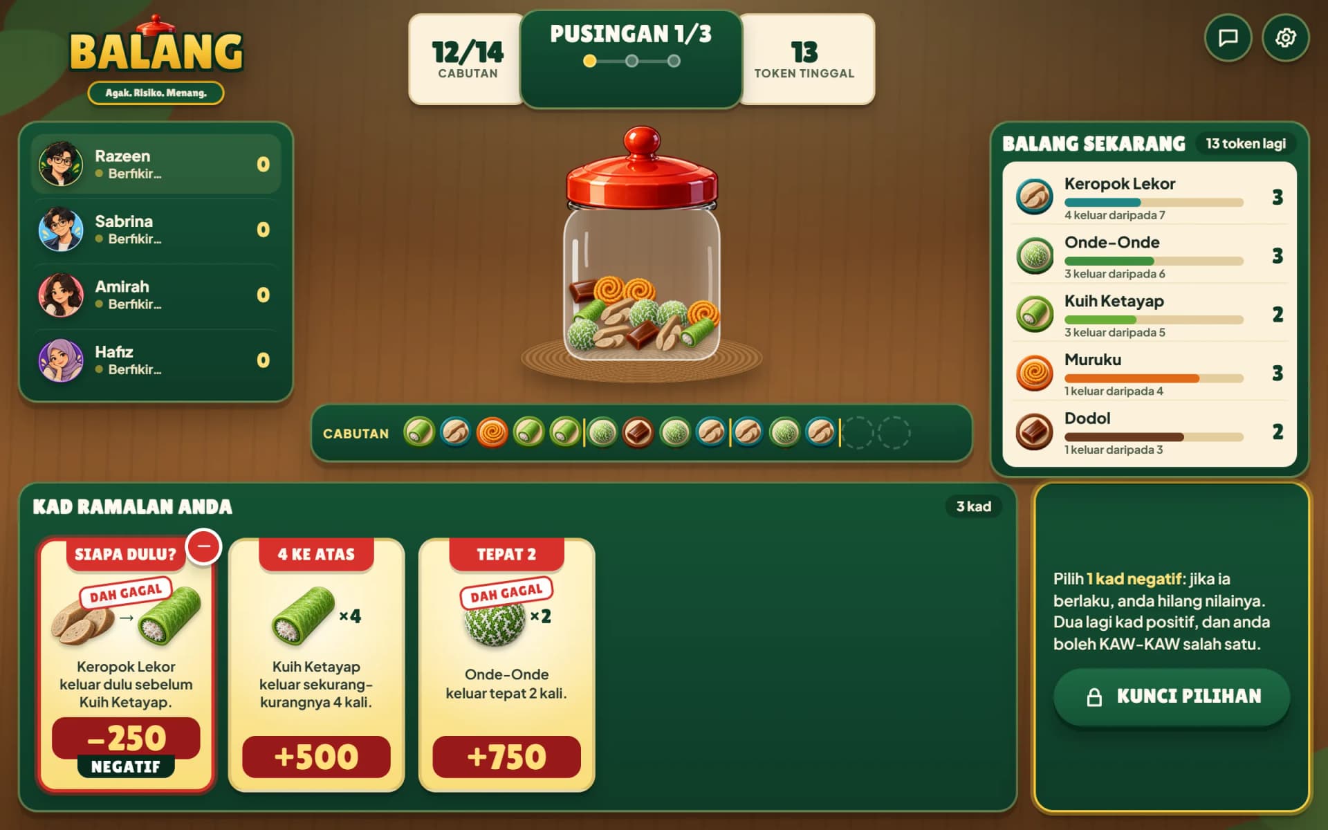 BALANG final placement: one of the last three prediction cards placed on the negative side with twelve tokens drawn