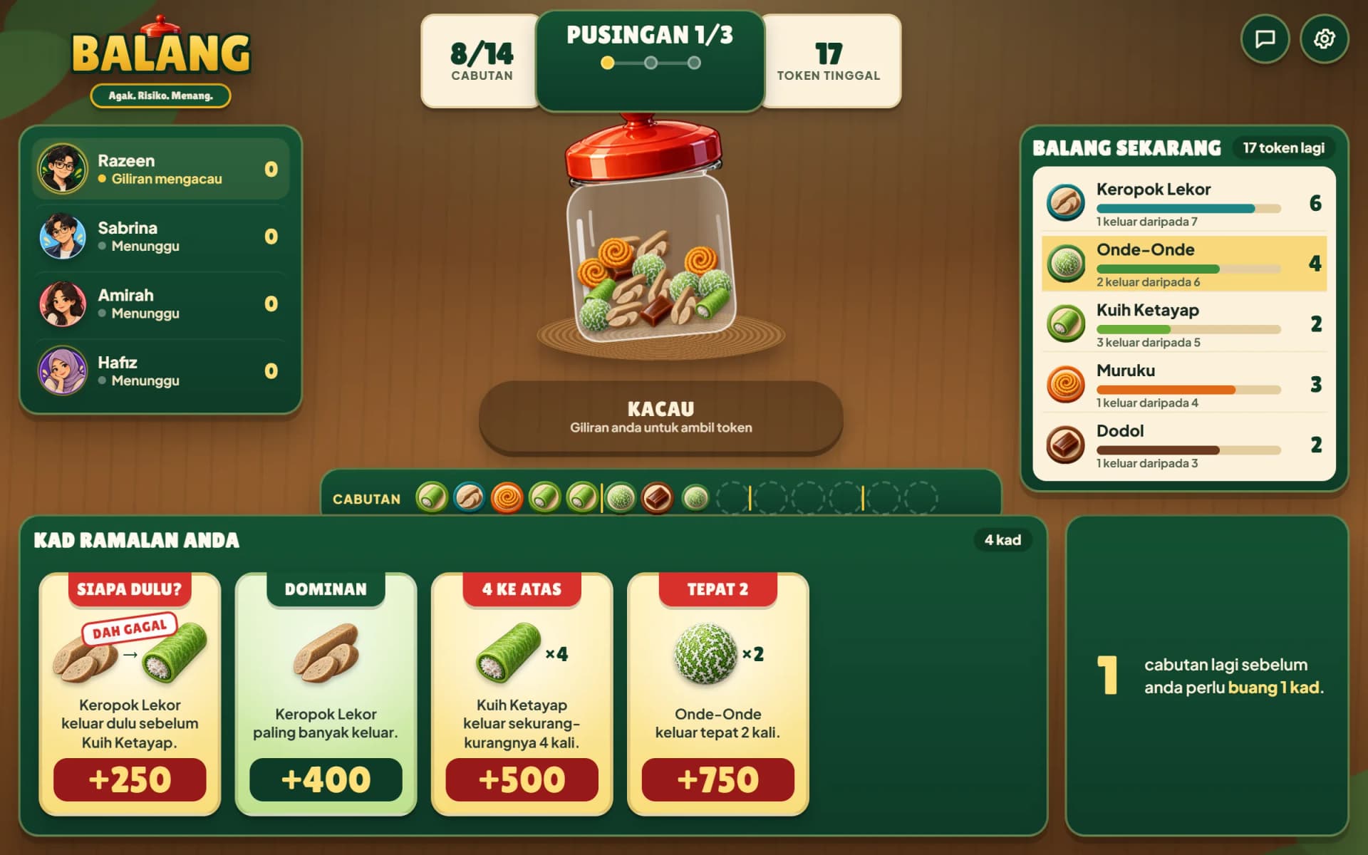 BALANG game table: players and scores, the jar, the draw track, the live jar count and the player prediction cards