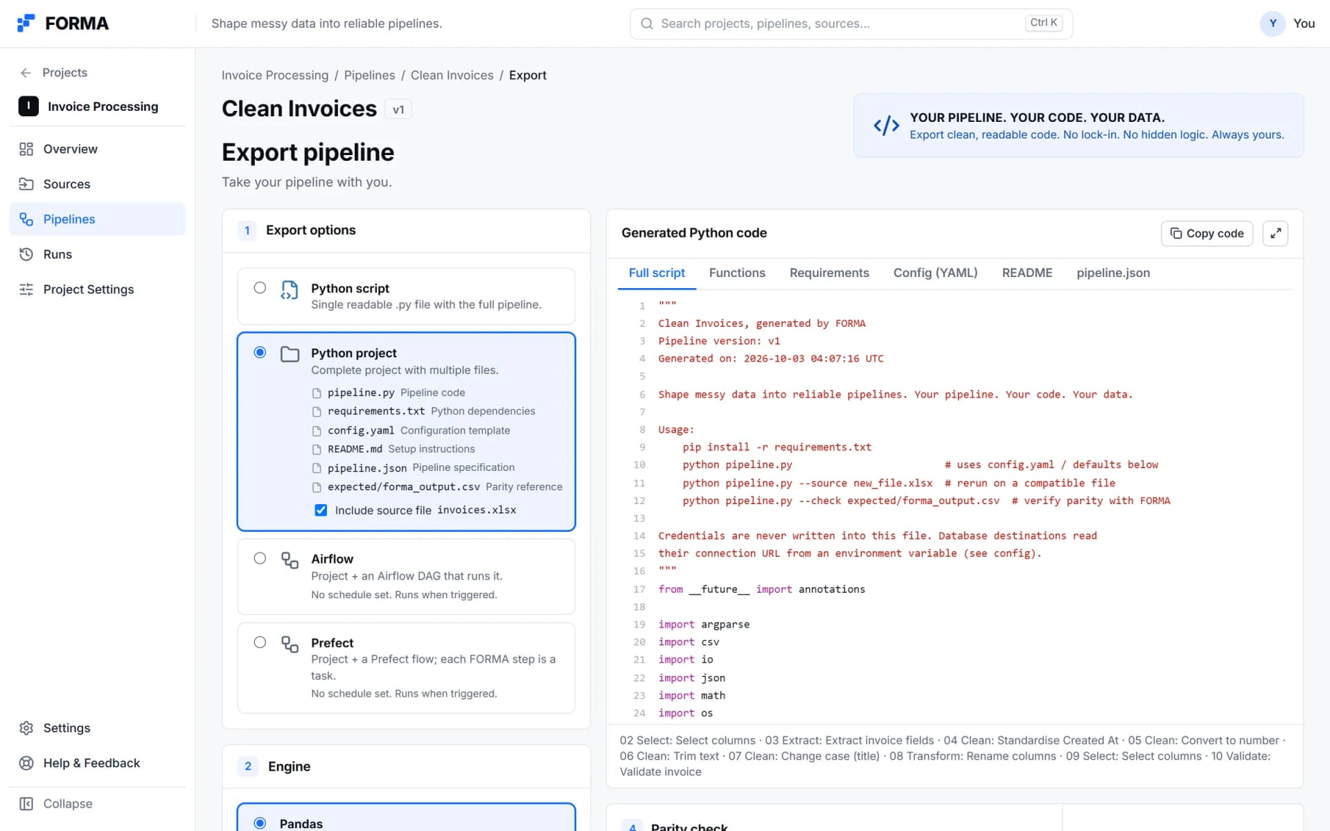 FORMA export: options for a Python script, a Python project, Airflow or Prefect, beside the generated pandas code