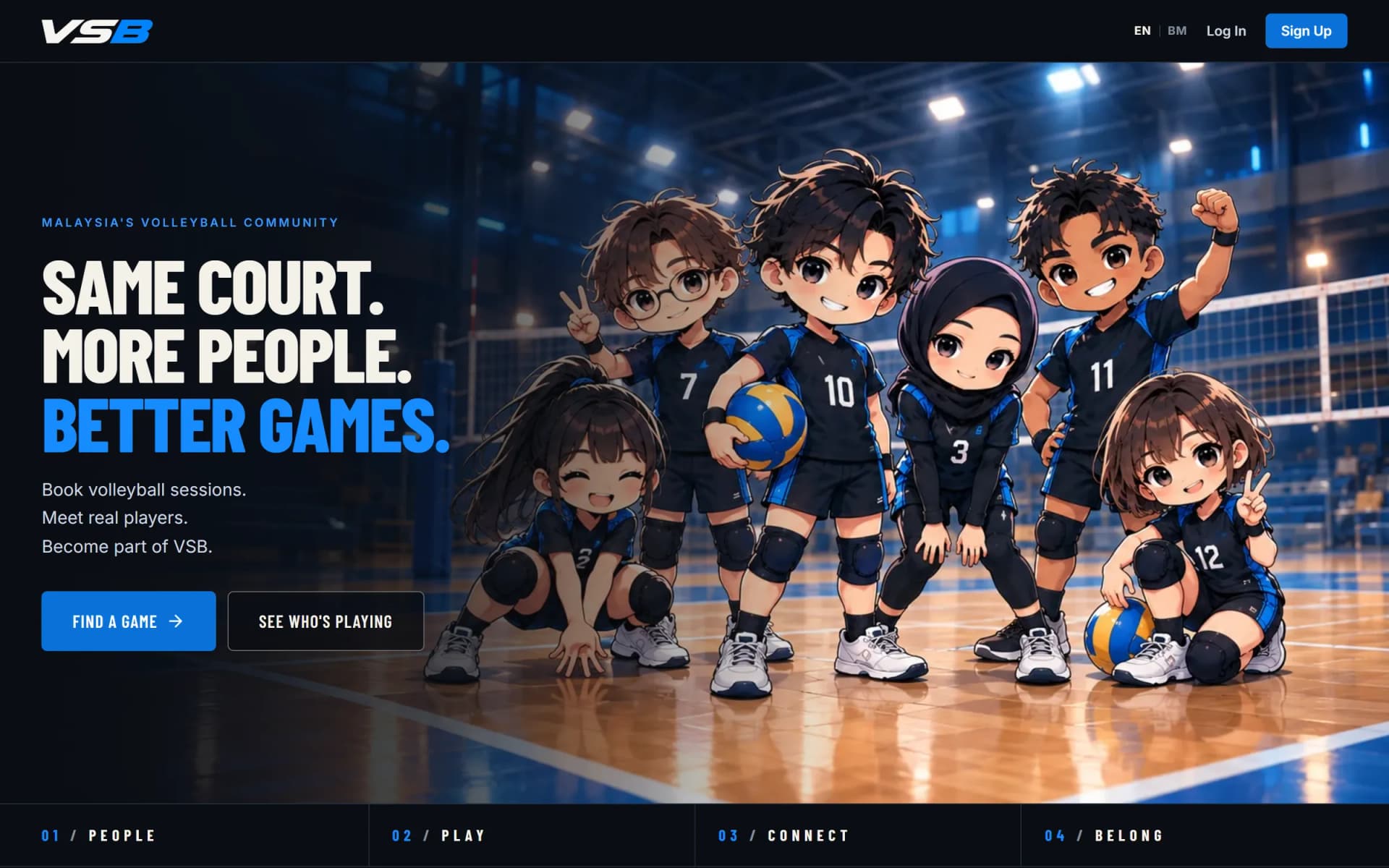 VSB home page on desktop: the headline Same court, more people, better games beside illustrated VSB players, with Find a game and See who is playing buttons