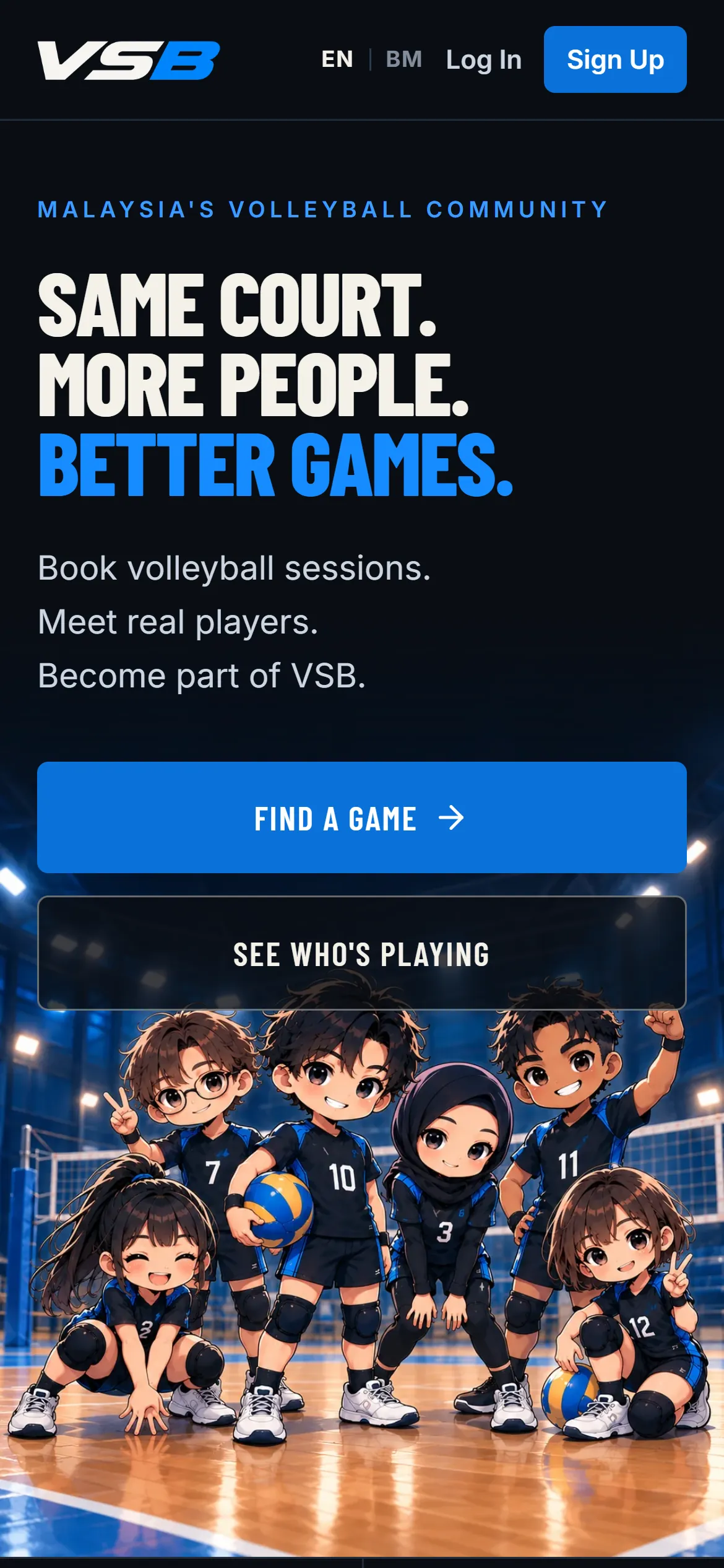 VSB home page on a phone: the headline, Find a game and See who is playing buttons stacked above the illustrated players