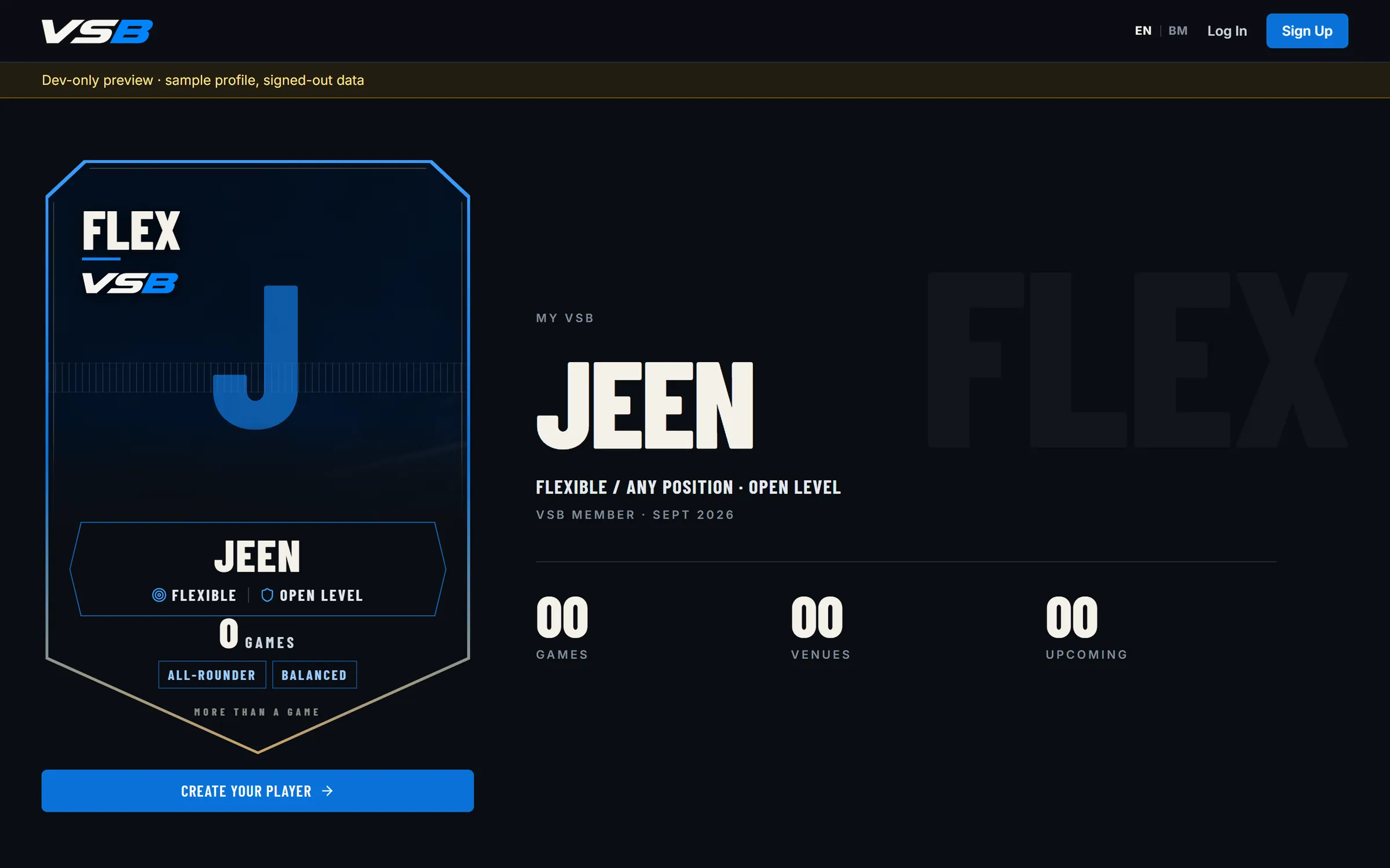 My VSB for a sample profile: a player card with position and level beside games, venues and upcoming counts