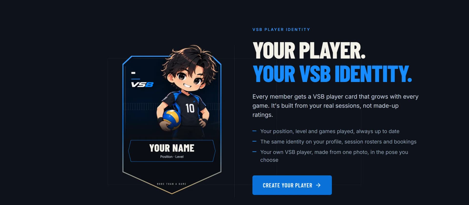 VSB home page section Your player, your VSB identity: an example player card beside a list of what the card shows