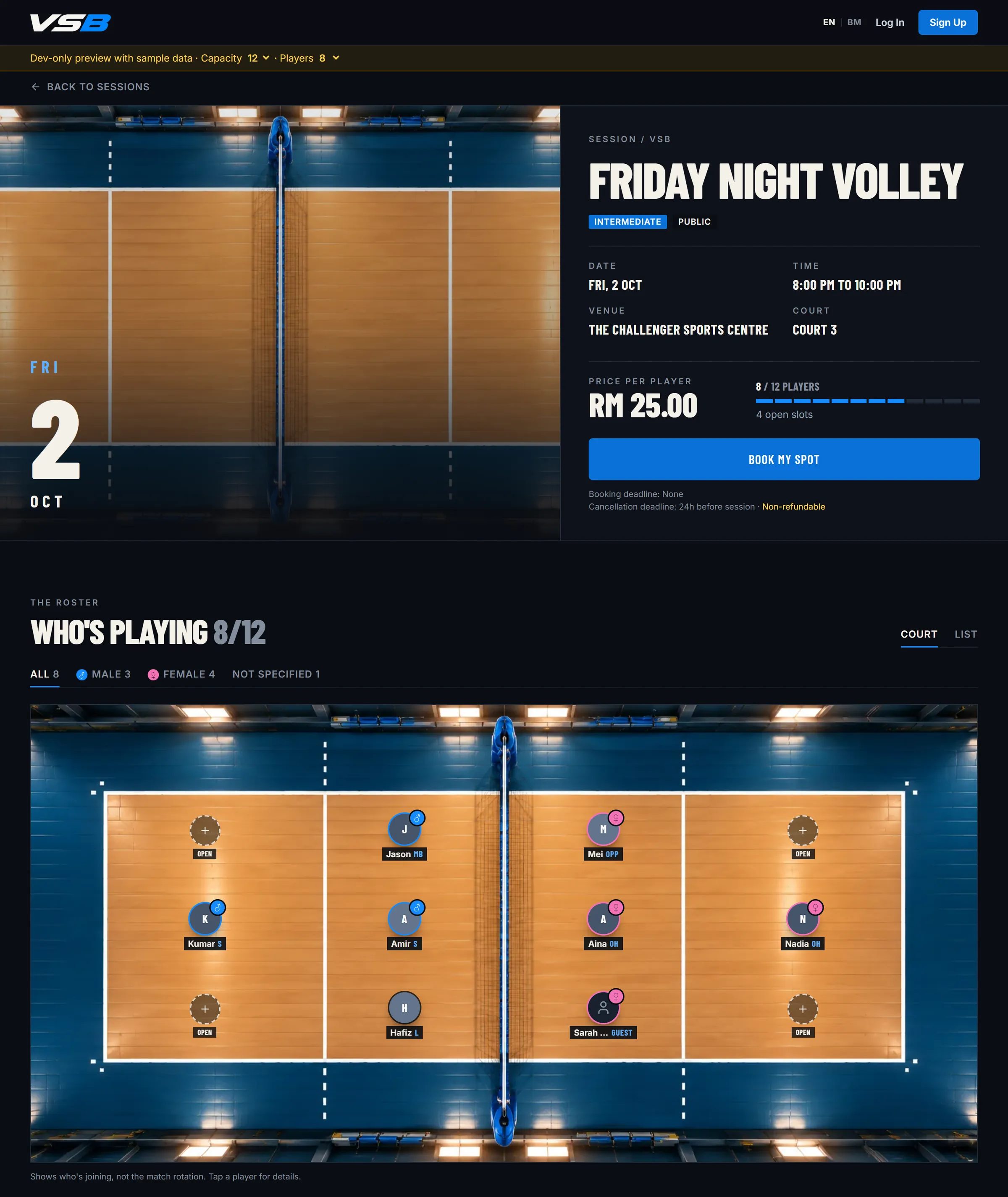 VSB session details: date, venue, court, price and a Book my spot button, then Who is playing shown as players placed on a volleyball court with open slots
